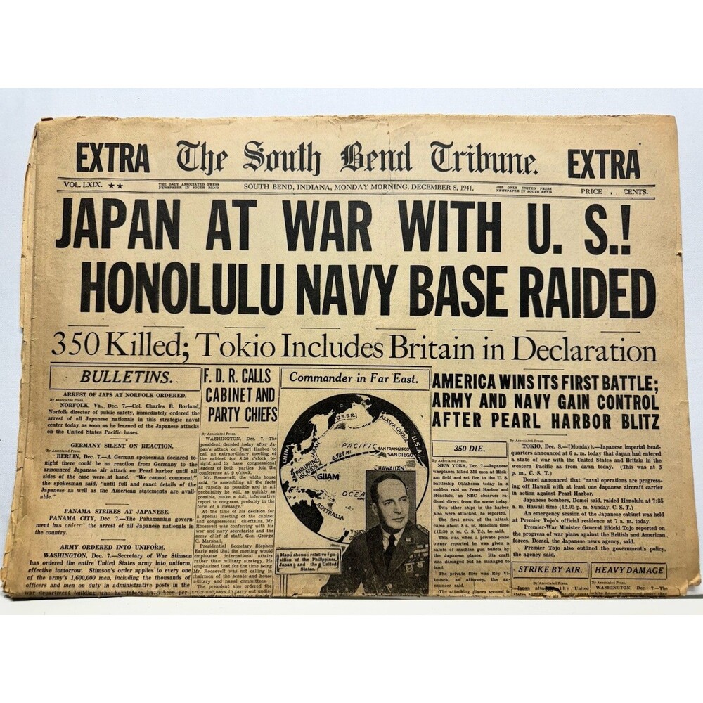 Original Dec 8 1941 South Bend Tribune Pearl Harbor WWII Newspaper Extra FDR